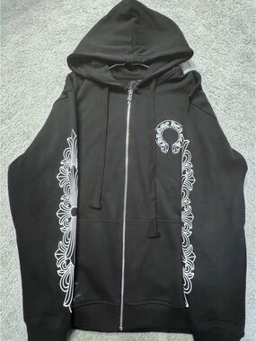 Chrome Hearts Black Zip Hoodie with White Sleeve and Chest Graphics